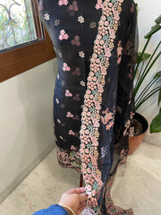 Black Dupatta Set (Kurta+Dupatta) with Thread Embroidery in Pure Organza - Masakalee