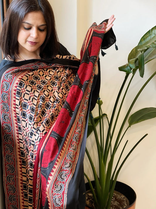 Black Handblock Printed Ajrakh Dupatta with Kantha Stitch Hand Embroidery - Masakalee