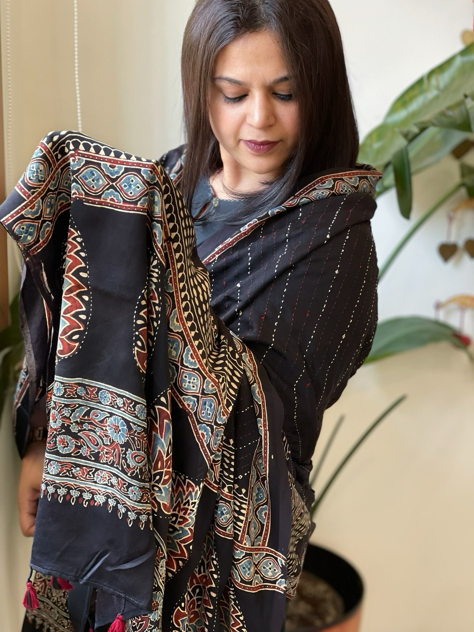 Black Handblock Printed Ajrakh Dupatta with Kantha Stitch Hand Embroidery - Masakalee