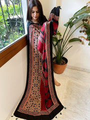Black Handblock Printed Ajrakh Dupatta with Kantha Stitch Hand Embroidery - Masakalee