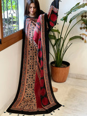 Black Handblock Printed Ajrakh Dupatta with Kantha Stitch Hand Embroidery - Masakalee