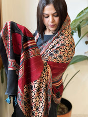 Black Handblock Printed Ajrakh Dupatta with Kantha Stitch Hand Embroidery - Masakalee