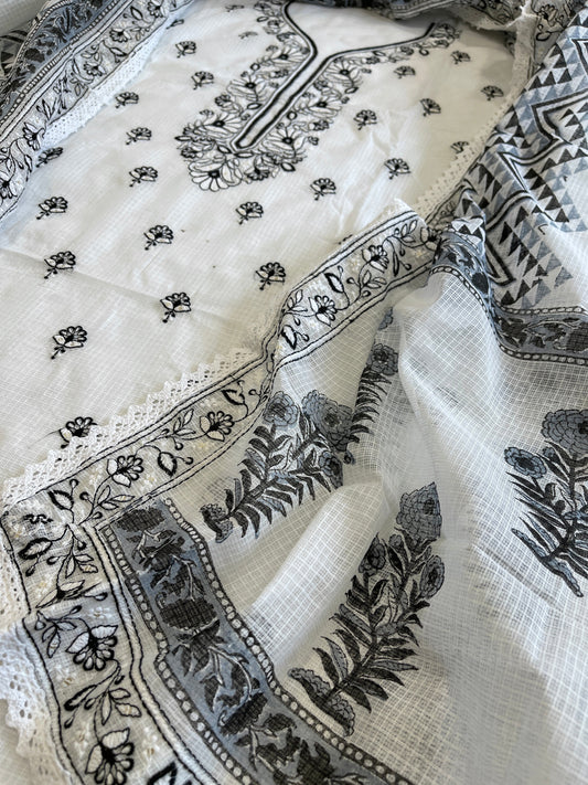 Black Handblock Printed Embroidered Suit Set in Kota Cotton - Masakalee