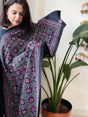 Black Handmade Kantha Dupatta in Pure Cotton - Masakalee