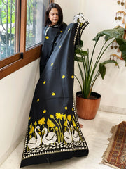 Black Handmade Kantha Dupatta in Pure Cotton - Masakalee