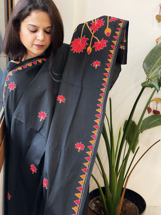 Black Handmade Kantha Dupatta in Pure Cotton - Masakalee