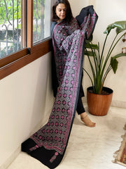 Black Handmade Kantha Dupatta in Pure Cotton - Masakalee