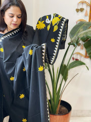 Black Handmade Kantha Dupatta in Pure Cotton - Masakalee