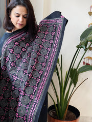 Black Handmade Kantha Dupatta in Pure Cotton - Masakalee