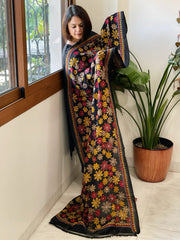 Black Handmade Kantha Dupatta in Silk - Masakalee