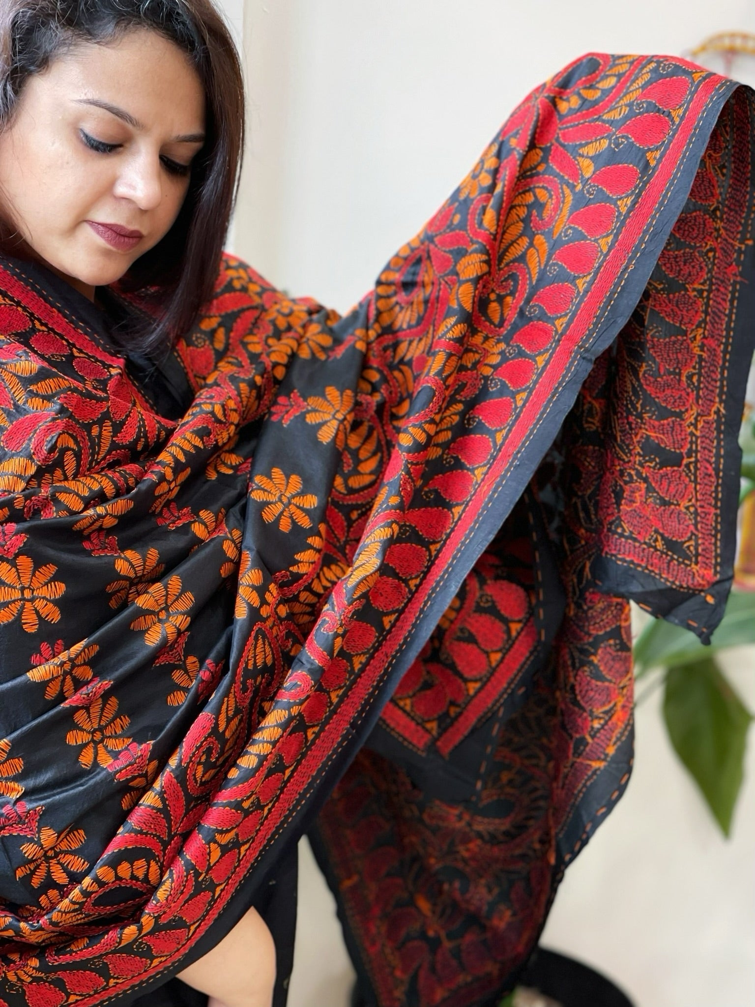 Black Handmade Nakshi Kantha Dupatta in Pure Silk - Masakalee