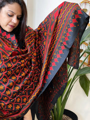 Black Handmade Nakshi Kantha Dupatta in Pure Silk - Masakalee