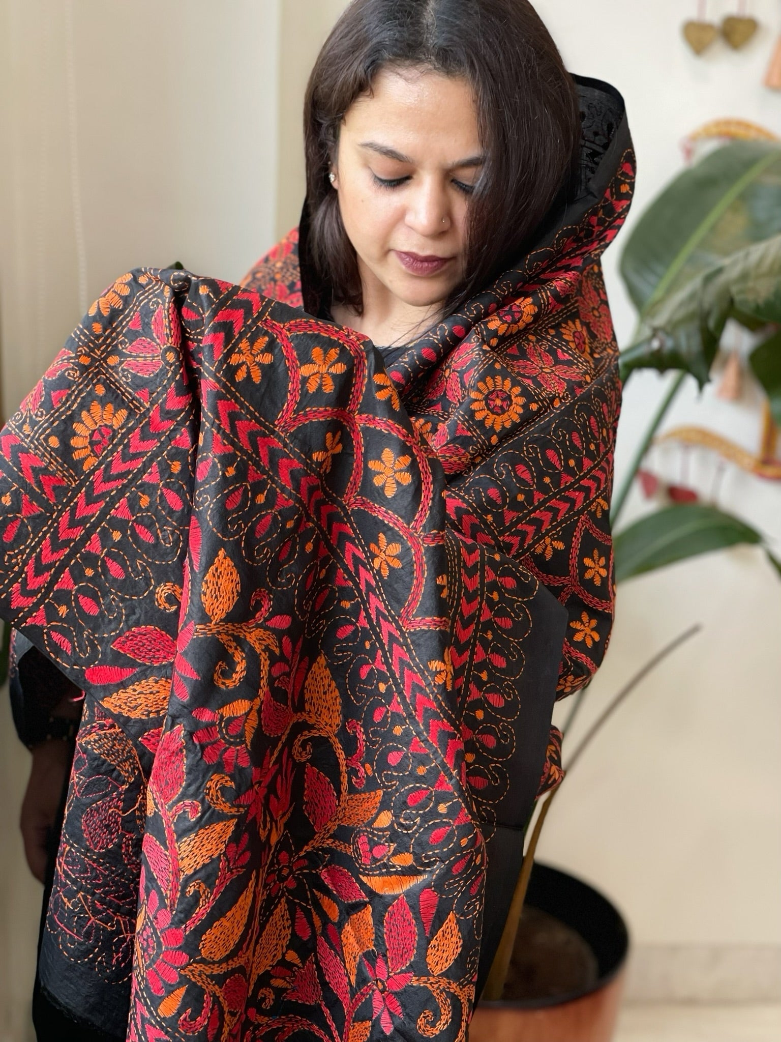 Black Handmade Nakshi Kantha Dupatta in Pure Silk - Masakalee