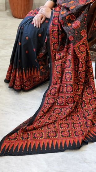 Black Handmade Nakshi Kantha Saree in Pure Silk - Masakalee