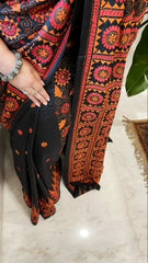 Black Handmade Nakshi Kantha Saree in Pure Silk - Masakalee