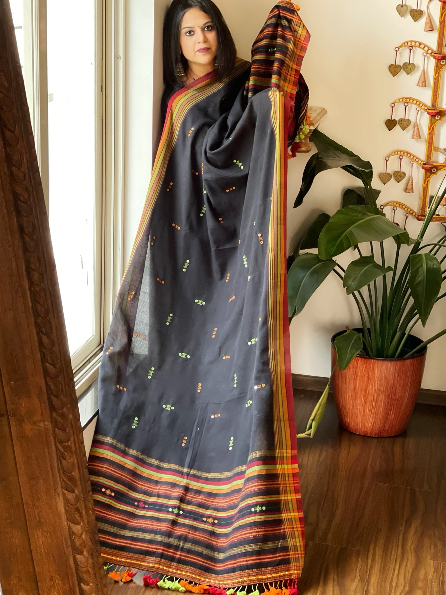Black Handwoven Bhujodi Dupatta with Mirror & Thread Handwork in Cotton - Masakalee