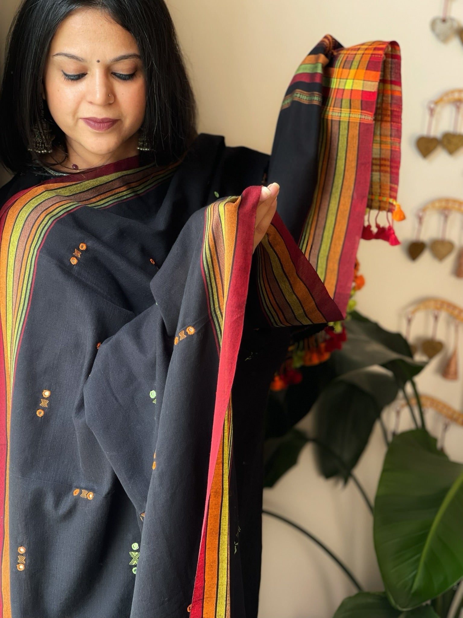 Black Handwoven Bhujodi Dupatta with Mirror & Thread Handwork in Cotton - Masakalee