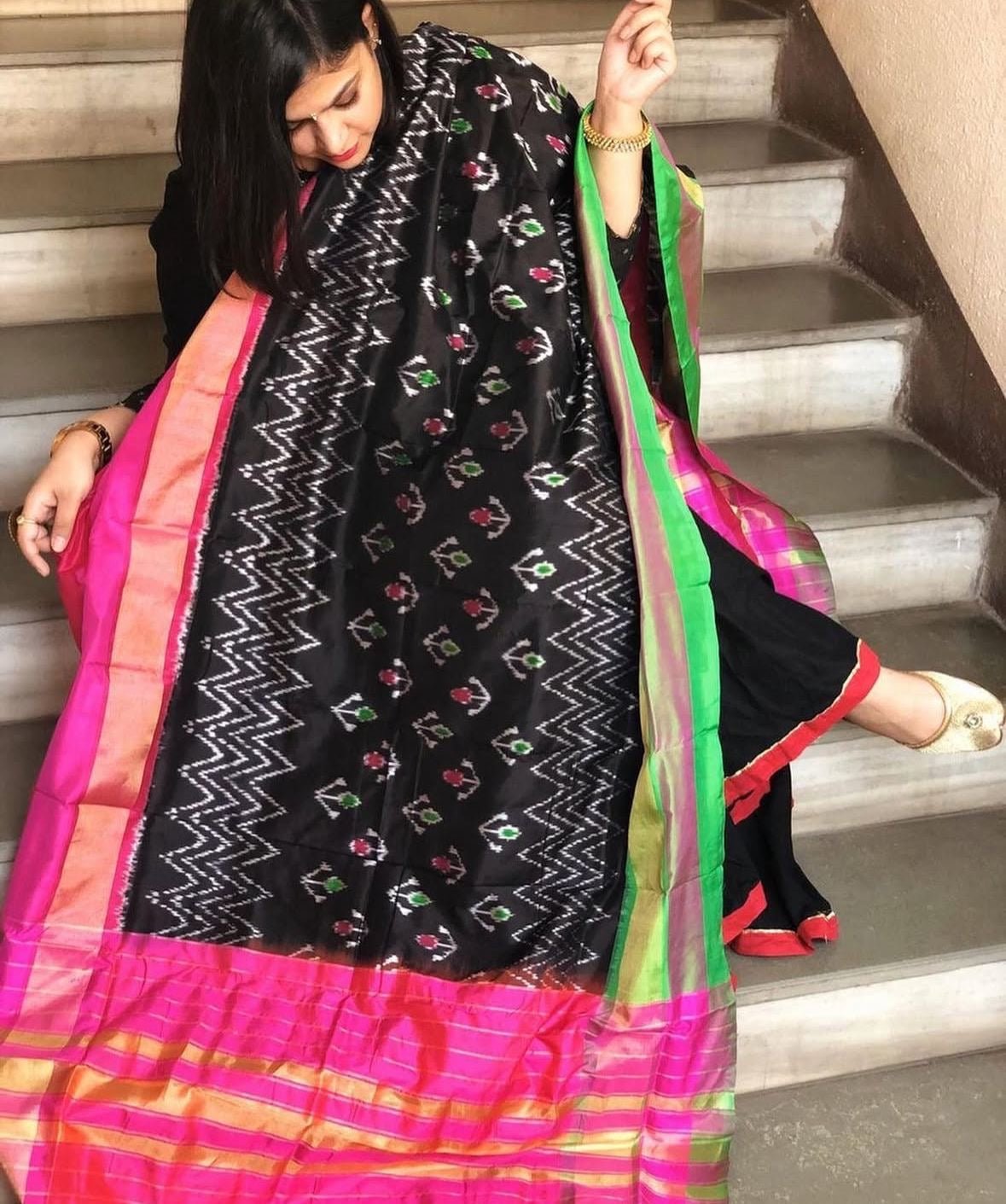 Black Handwoven Ikat Dupatta in Pure Silk - Masakalee