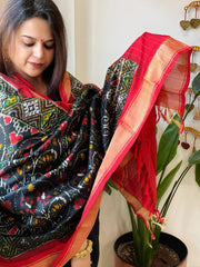 Black Handwoven Ikat Dupatta in Pure Silk - Masakalee