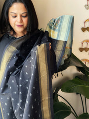 Black Handwoven Ikat Dupatta Pure Silk - Cotton - Masakalee