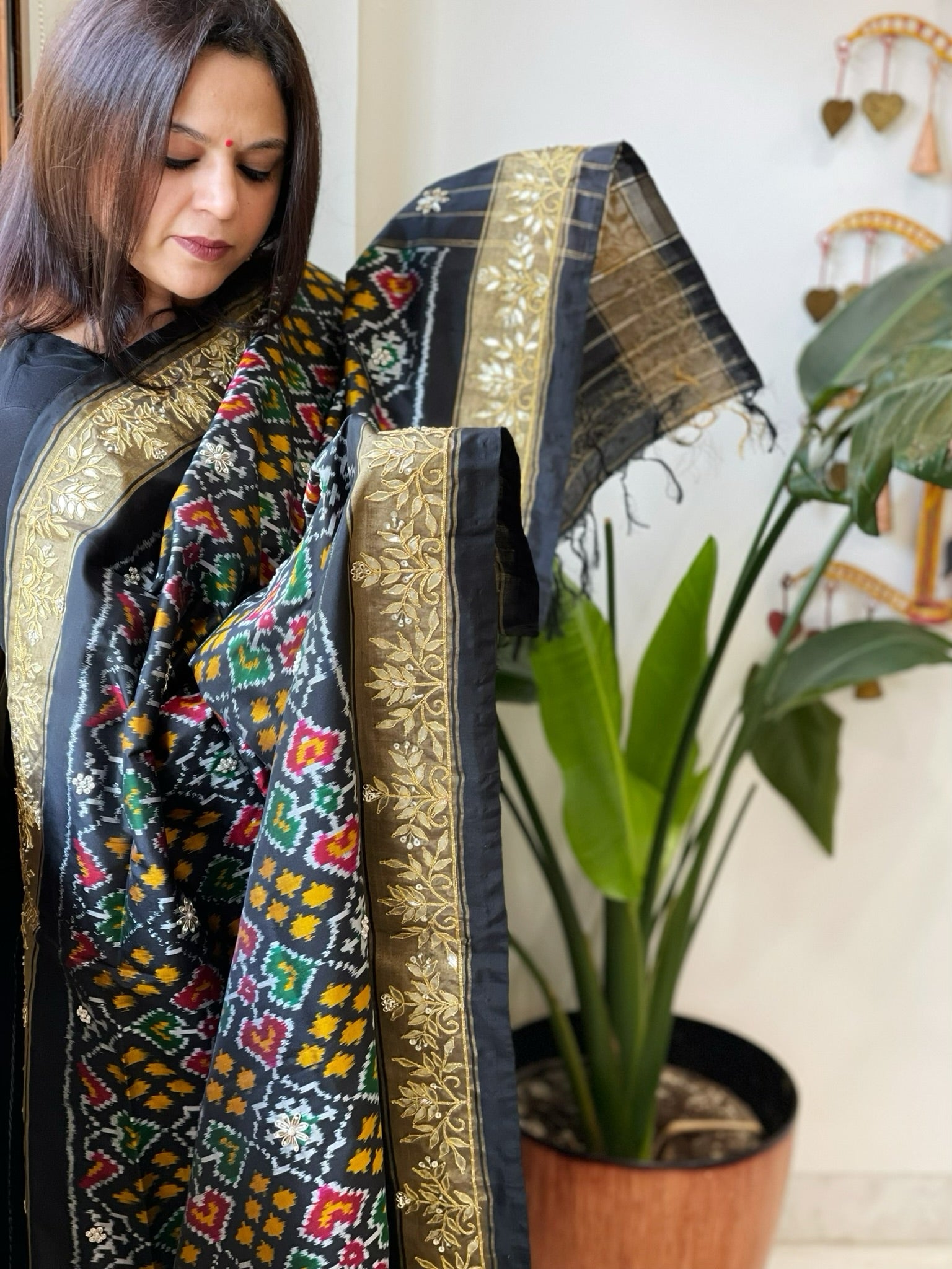 Black Handwoven Ikat Patola with Gotapatti & Pearl Handwork dupatta in Pure Silk - Masakalee