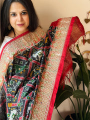 Black Handwoven Ikat Patola with Gotapatti & Pearl Handwork dupatta in Pure Silk - Masakalee