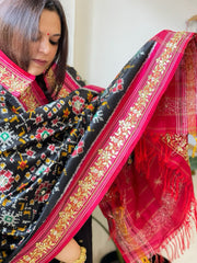 Black Handwoven Ikat Patola with Gotapatti & Pearl Handwork dupatta in Pure Silk - Masakalee