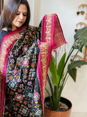 Black Handwoven Ikat Patola with Gotapatti & Pearl Handwork dupatta in Pure Silk - Masakalee