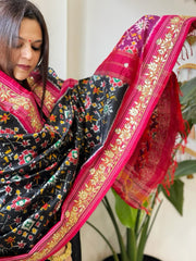 Black Handwoven Ikat Patola with Gotapatti & Pearl Handwork dupatta in Pure Silk - Masakalee