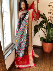Black Handwoven Ikat Patola with Gotapatti & Pearl Handwork dupatta in Pure Silk - Masakalee