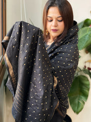 Black Handwoven Muga Silk dupattas with Hand Embroidery - Masakalee