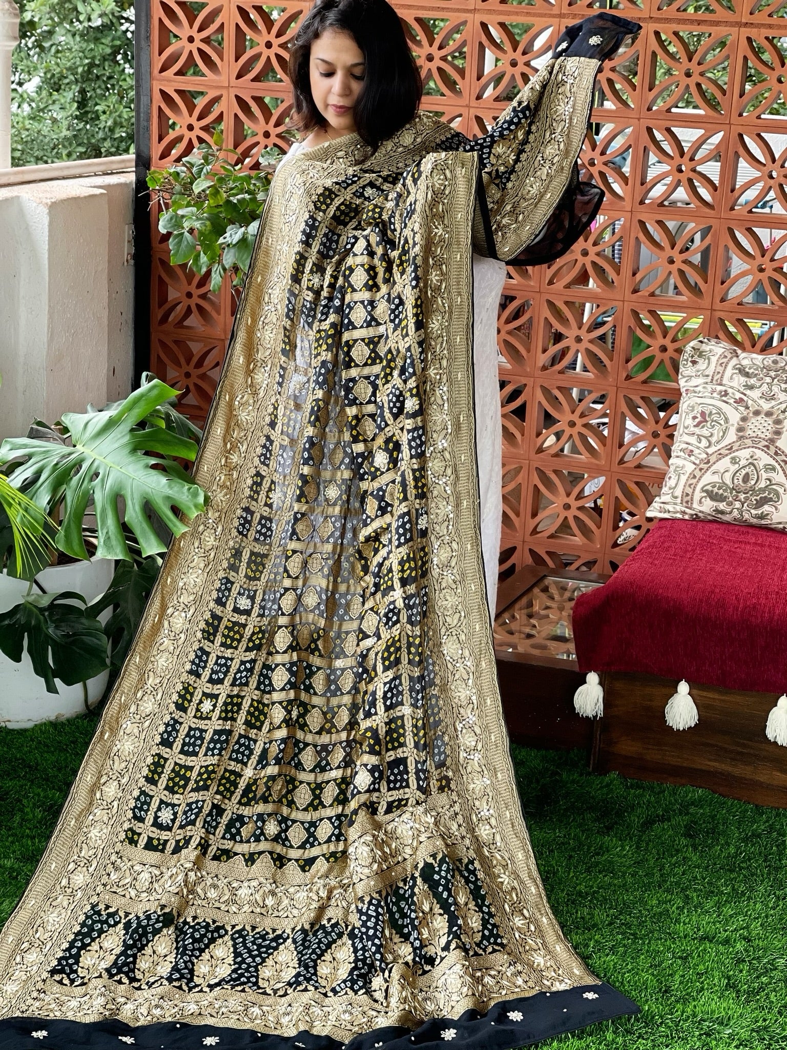 Black Handwoven NeemZari Bareek Bandhani with Dabka Handwork in Pure Georgette - Masakalee