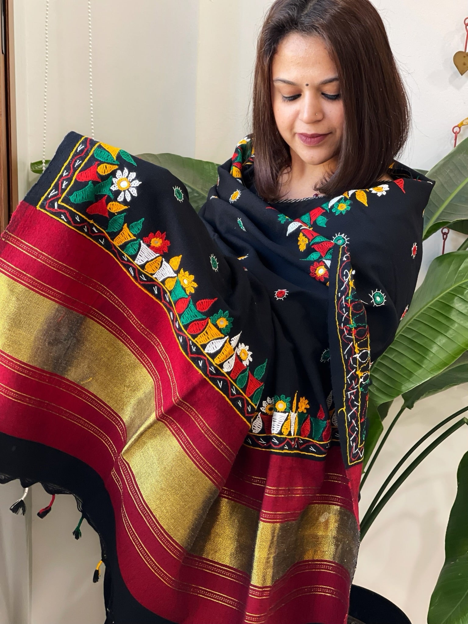 Black Handwoven Woollen Shawl with Thread and Foil Mirror Handwork - Masakalee