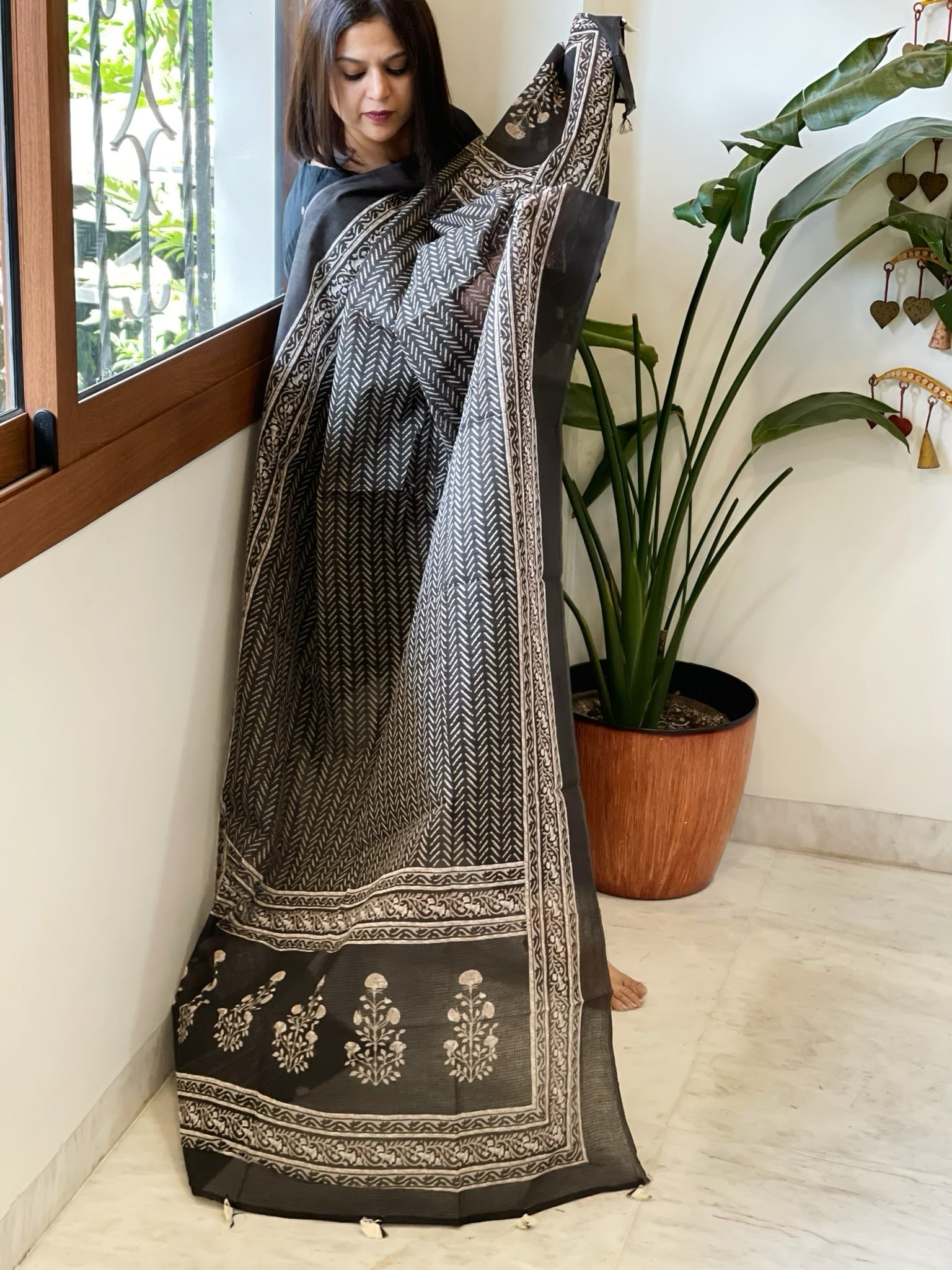 Black Kota Cotton Handblock Printed Dupatta - Masakalee
