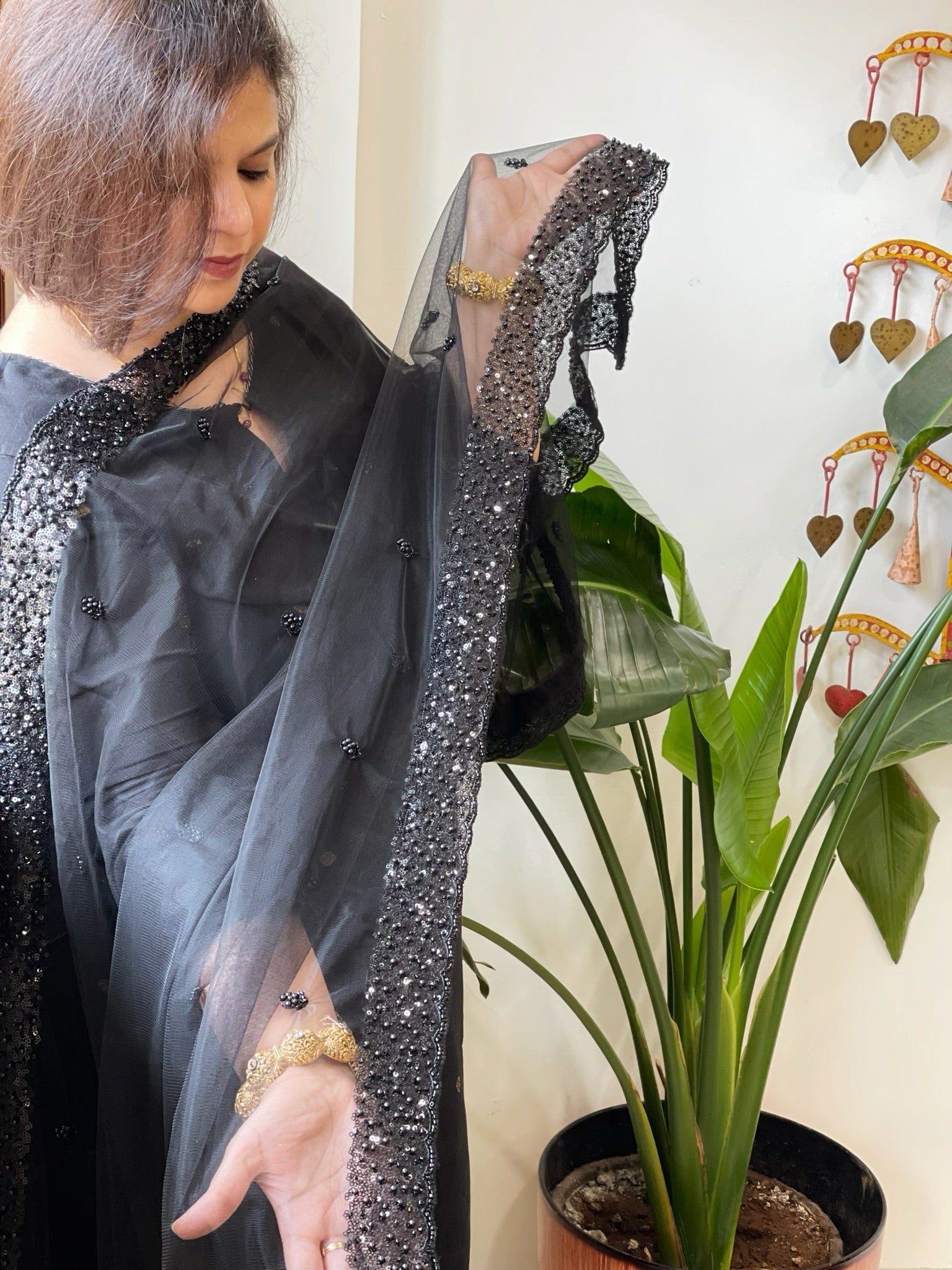 Black Net Dupatta with Sequin and Pearl Embroidery - Masakalee