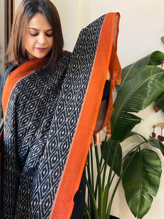 Black, Orange Handwoven Ikat Dupatta in Cotton - Masakalee