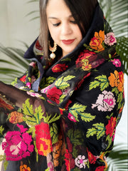 Black Organza Dupatta with cross - stitch embroidery - Masakalee