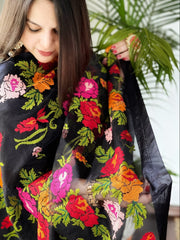 Black Organza Dupatta with cross - stitch embroidery - Masakalee