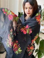 Black Organza Dupatta with Thread Embroidery - Masakalee