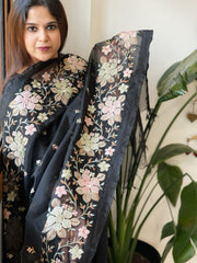 Black Organza Dupatta with Thread Embroidery - Masakalee