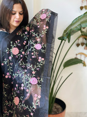 Black Organza Dupatta with Thread Embroidery - Masakalee