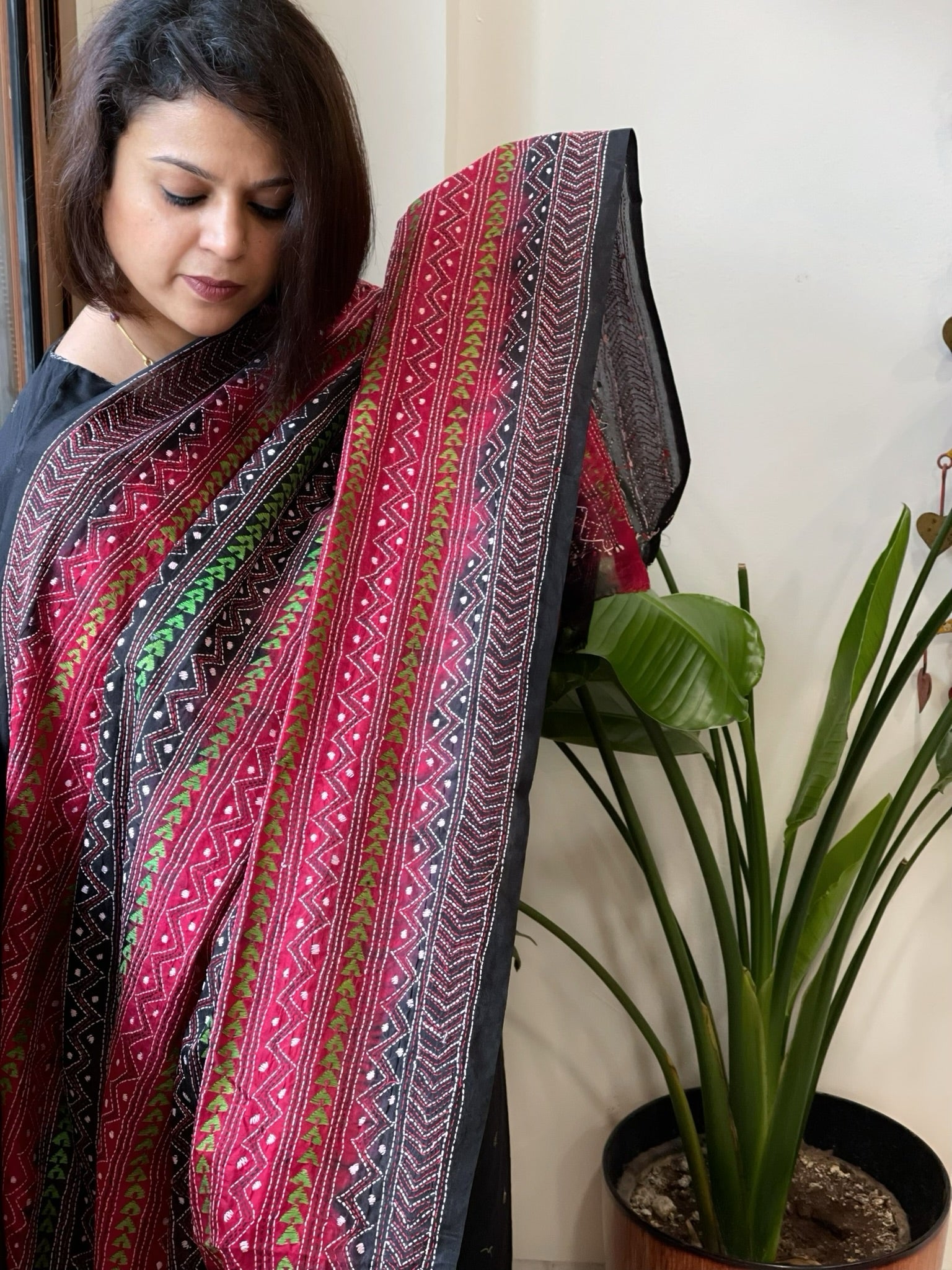 Black, Pink Handmade Kantha Dupatta in Silk - Masakalee