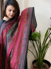 Black, Pink Handmade Kantha Dupatta in Silk - Masakalee
