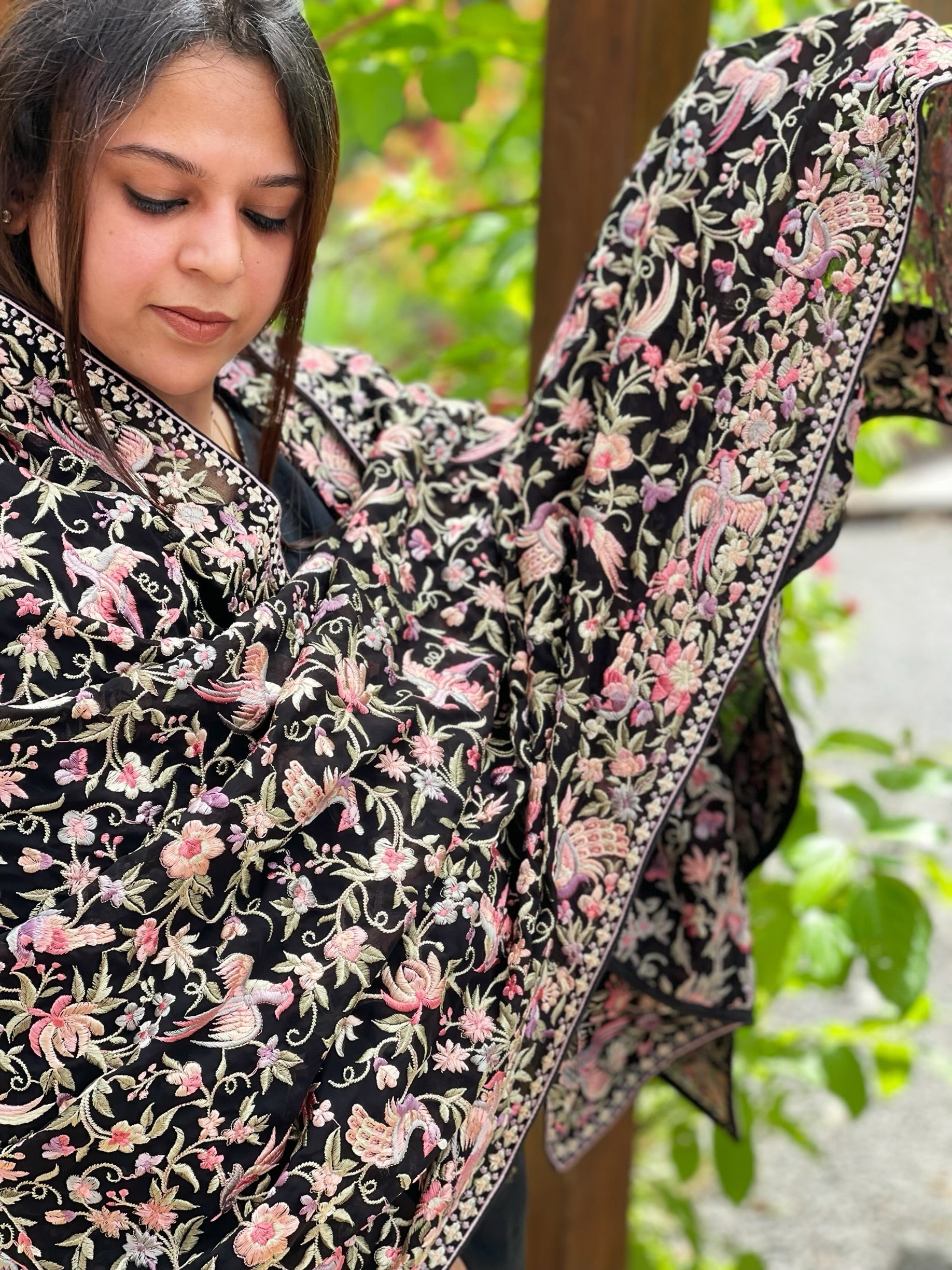 Black Pink Parsi Gara Embroidery Dupatta in Georgette - Masakalee