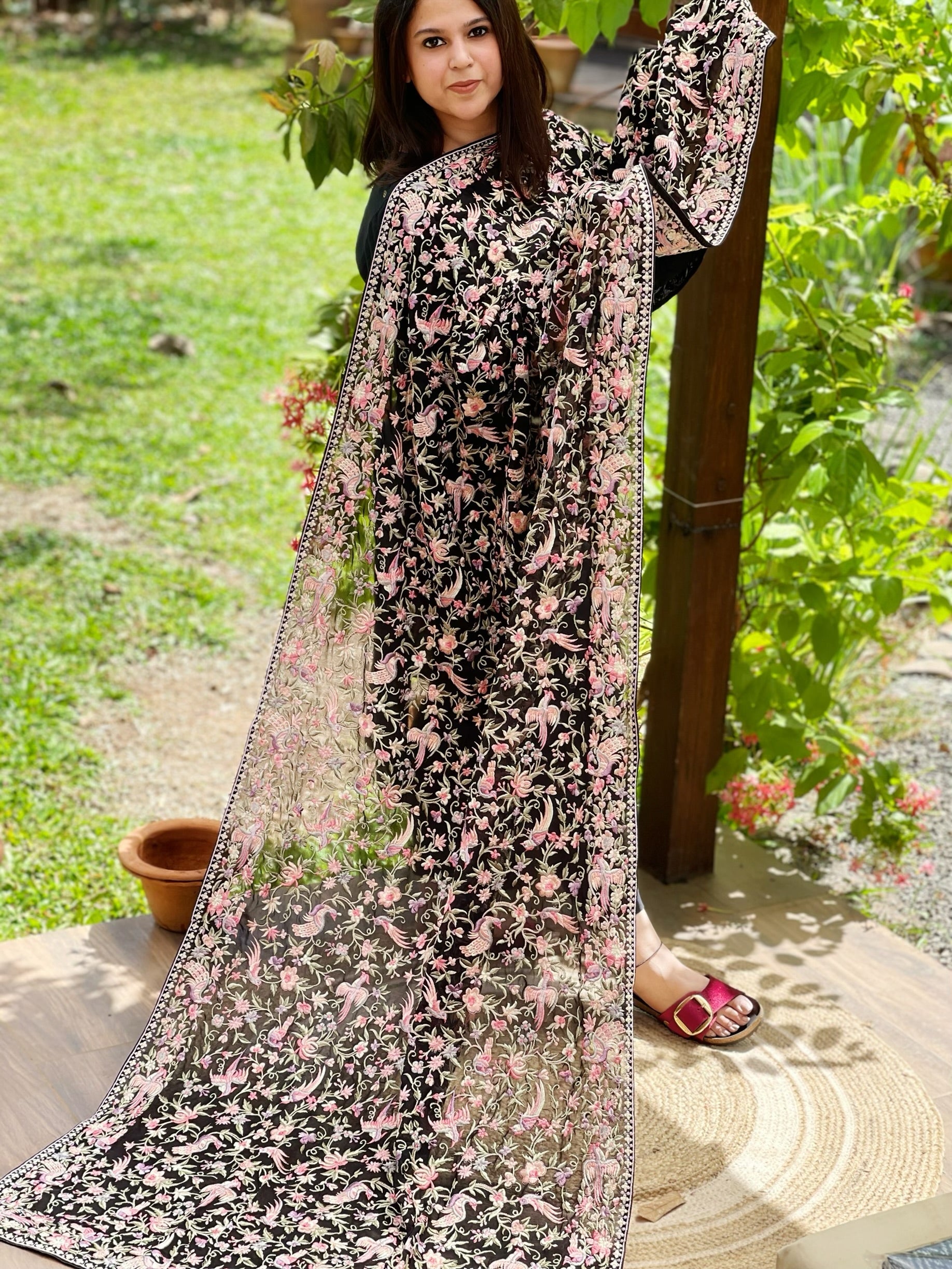 Black Pink Parsi Gara Embroidery Dupatta in Georgette - Masakalee