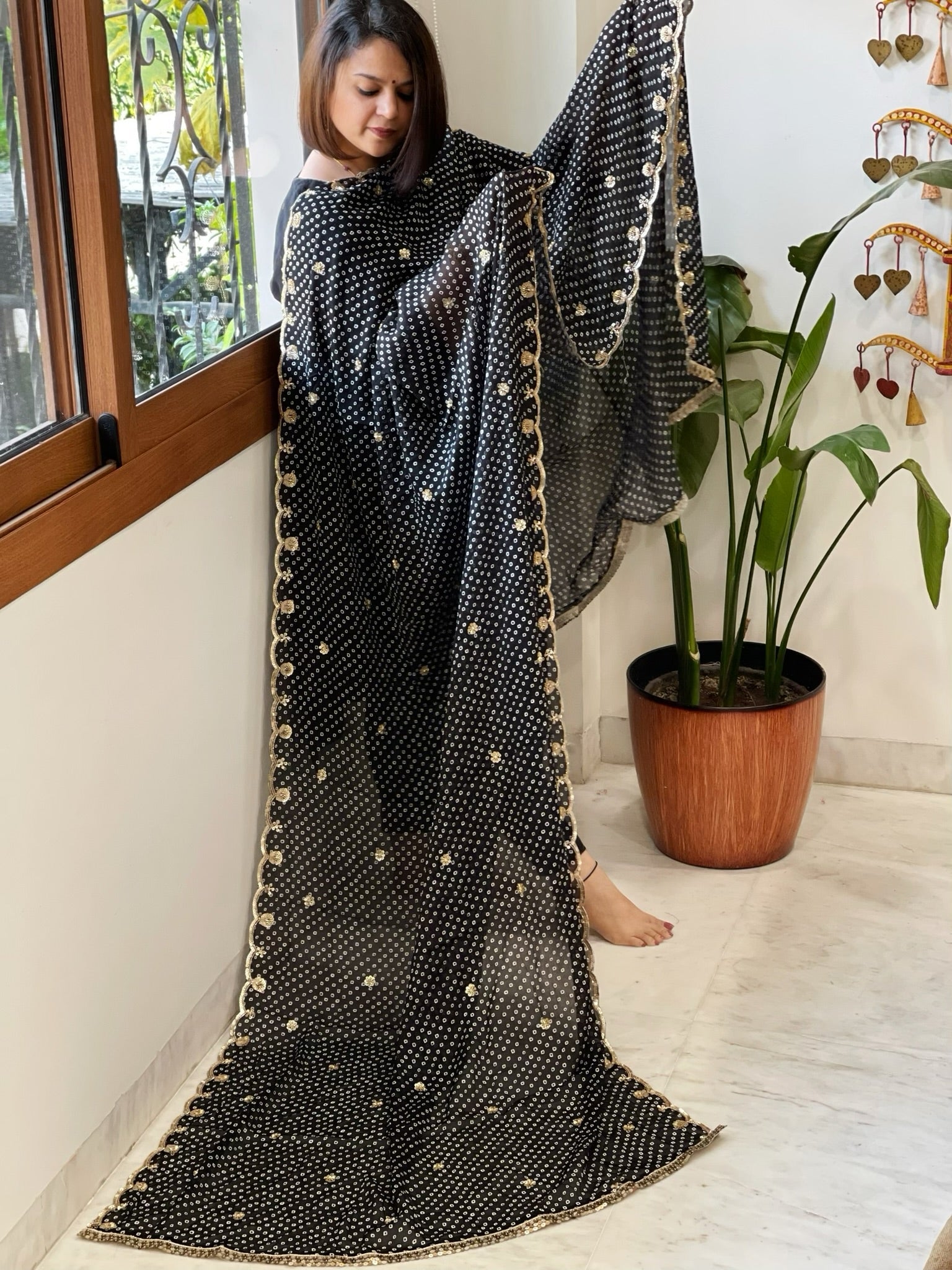 Black Printed Bandhej Chinon Dupatta with Sequin Butas and Border - Masakalee