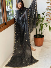 Black Printed Bandhej Chinon Dupatta with Sequin Butas and Border - Masakalee