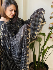 Black Printed Bandhej Chinon Dupatta with Sequin Butas and Border - Masakalee