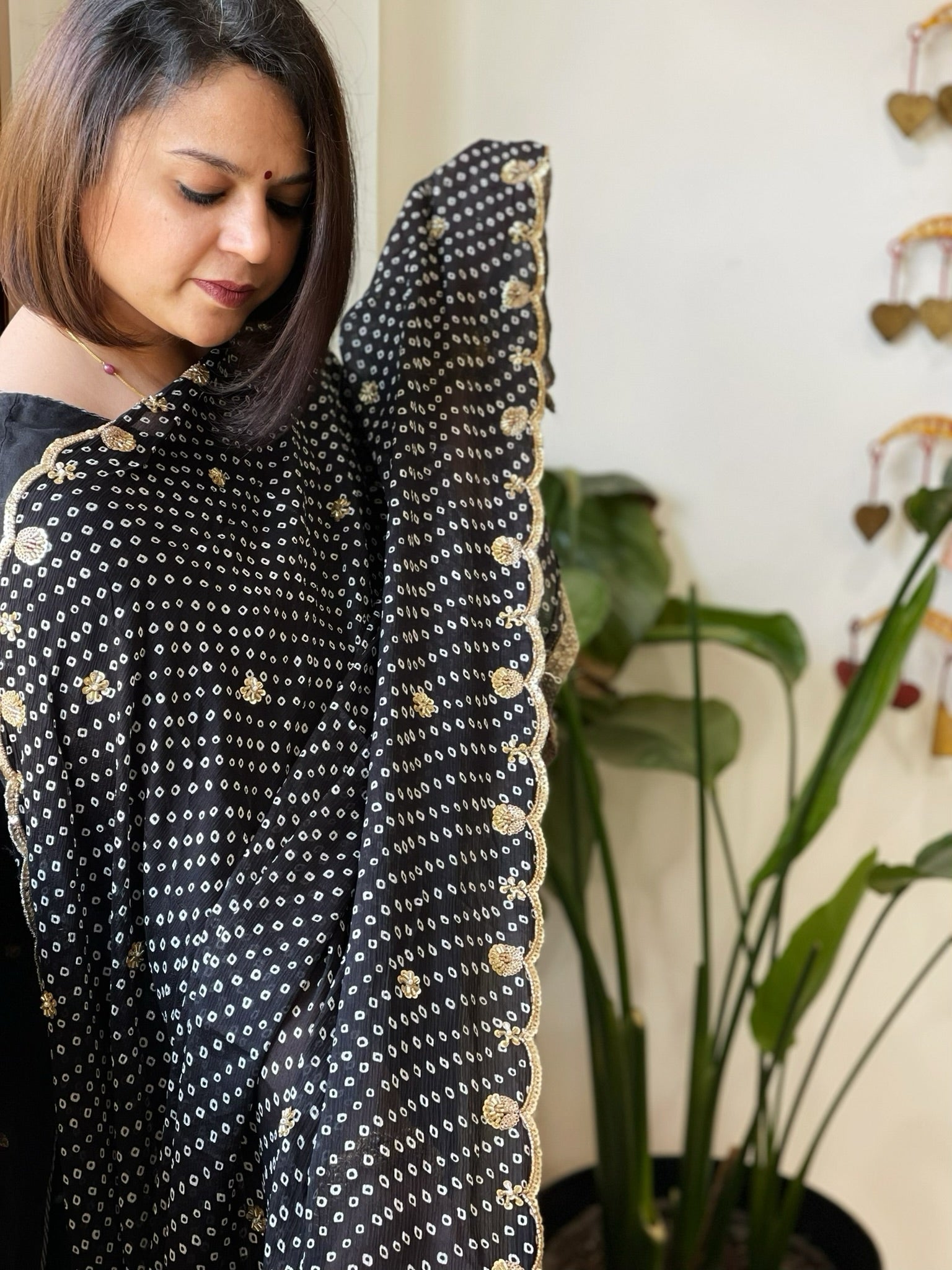 Black Printed Bandhej Chinon Dupatta with Sequin Butas and Border - Masakalee