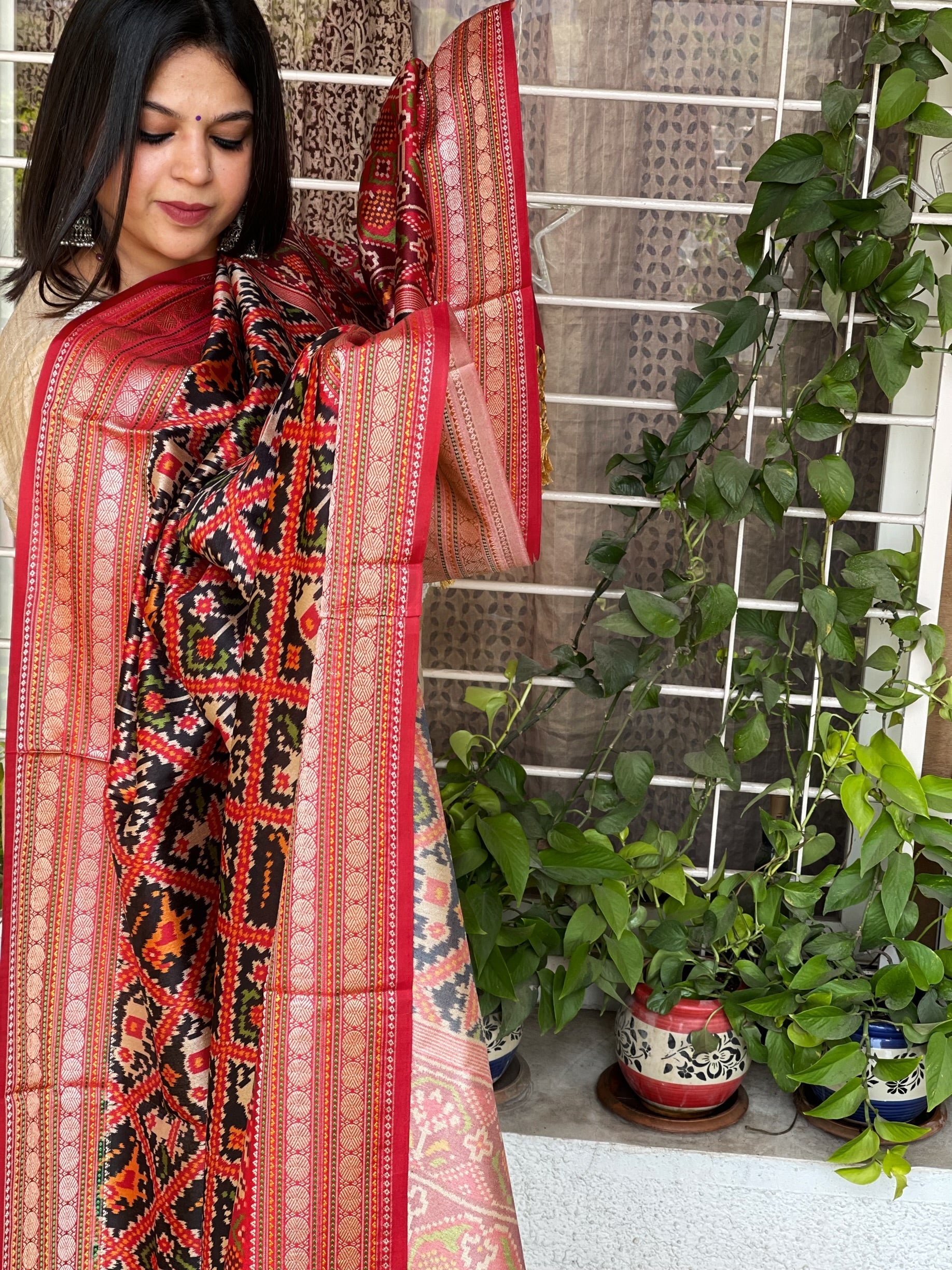 Black Printed Patola Dupatta in Fine Art Silk - Masakalee